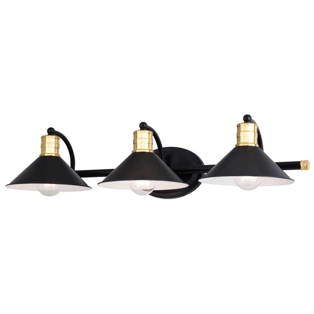 Vaxcel Akron 3 Light Matte Black with Gold Brass Accents Industrial Bathroom Vanity Wall Fixture - Metal Shades