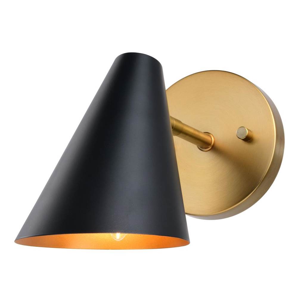 Vaxcel Pryce 1 Light Matte Black and Gold Satin Brass Mid-Century Modern Wall Sconce Fixture with Metal Cone Shade