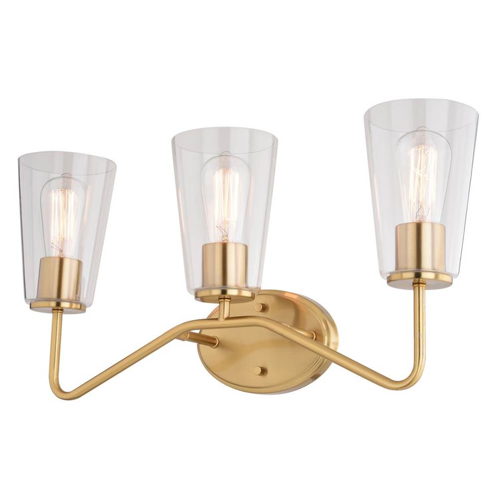 Vaxcel Beverly 3 Light Gold Muted Brass Bathroom Vanity Fixture Clear Glass Shade, LED Compatible