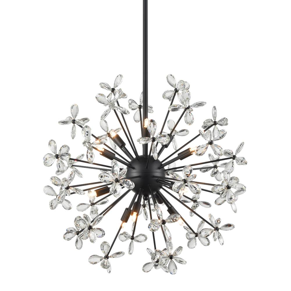 Zeev Lighting 12-Light Floral Crystal Pedal Sputnik Matte Black Pendant Light