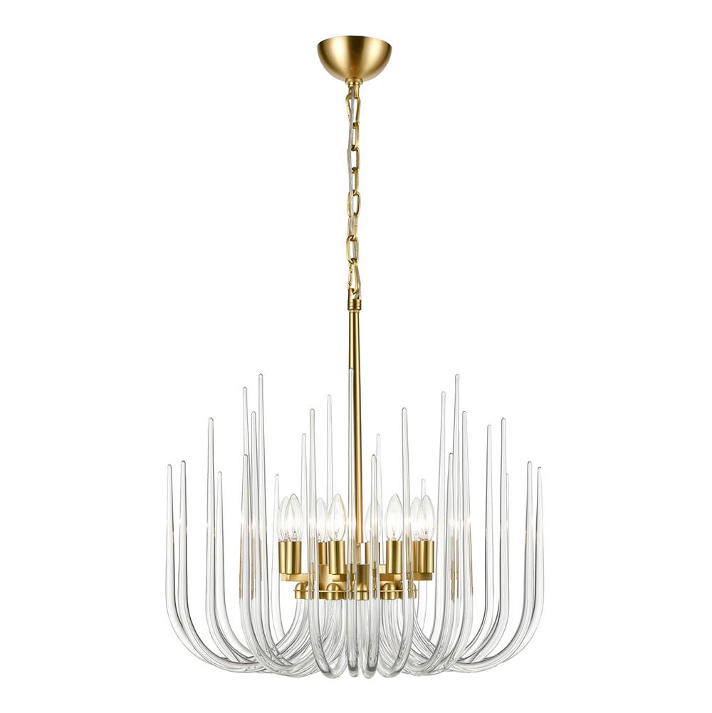Zeev Lighting 8-Light Solid Curved Clear Glass Polished Brass Pendant