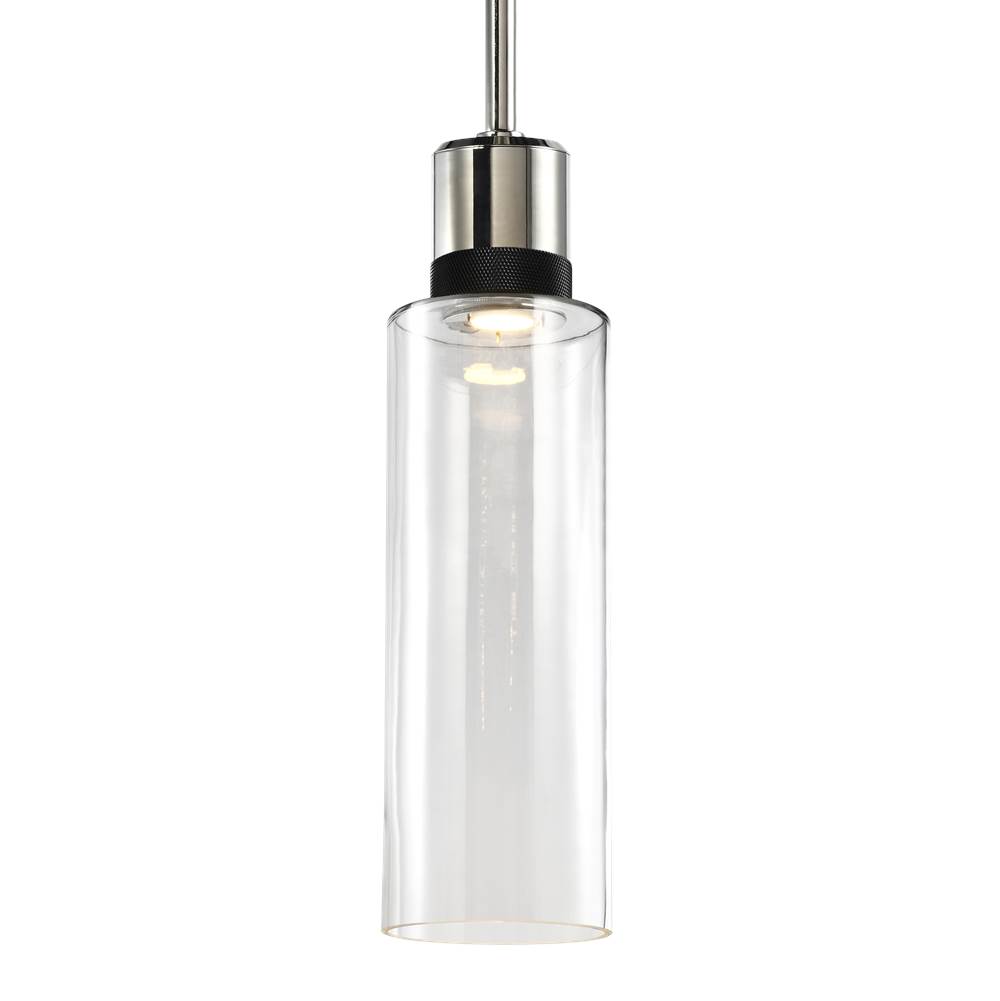 Zeev Lighting 6'' Led 3Cct Cylindrical Drum Pendant Light, 18'' Clear Glass And Polished Nickel With Black Metal Finish