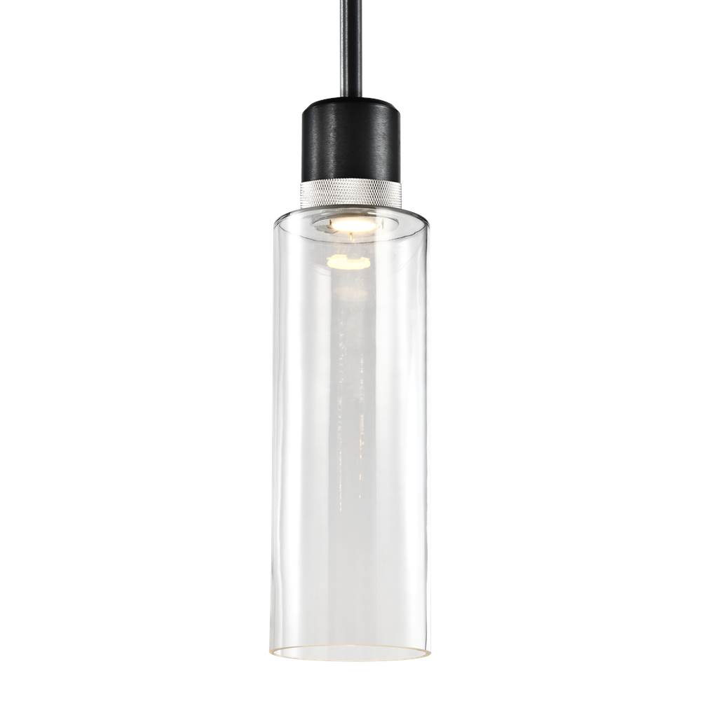 Zeev Lighting 6'' Led 3Cct Cylindrical Drum Pendant Light, 18'' Clear Glass And Satin Brushed Black With Nickel Metal Finish
