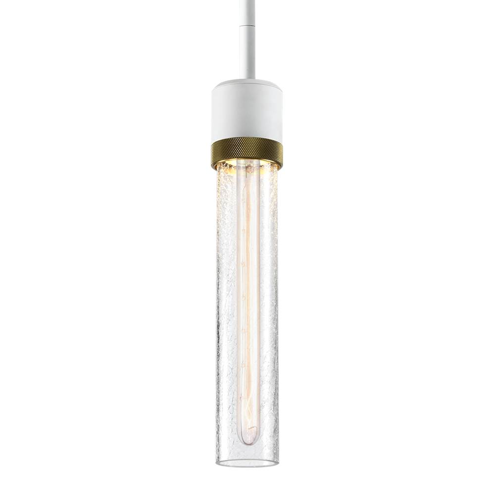 Zeev Lighting 3'' E26 Cylindrical Pendant Light, 12'' Crackled Glass And Matte White With Brass Finish