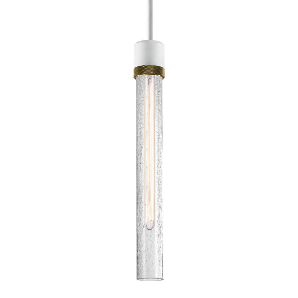 Zeev Lighting 3'' E26 Cylindrical Pendant Light, 18'' Crackled Glass And Matte White With Brass Finish