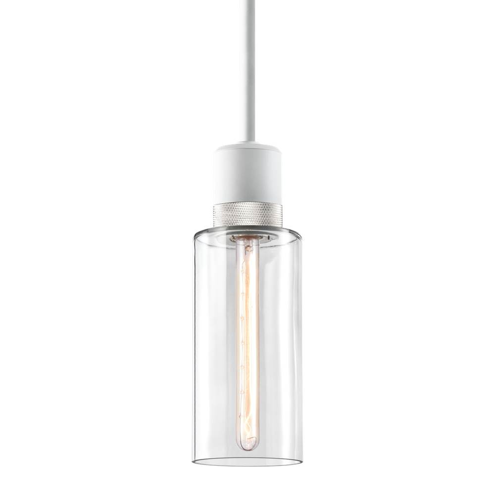 Zeev Lighting 6'' E26 Cylindrical Drum Pendant Light, 12'' Clear Glass And Matte White With Nickel Metal Finish