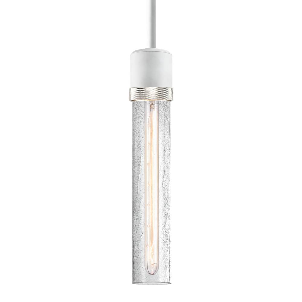 Zeev Lighting 3'' E26 Cylindrical Pendant Light, 12'' Crackled Glass And Matte White With Nickel Finish