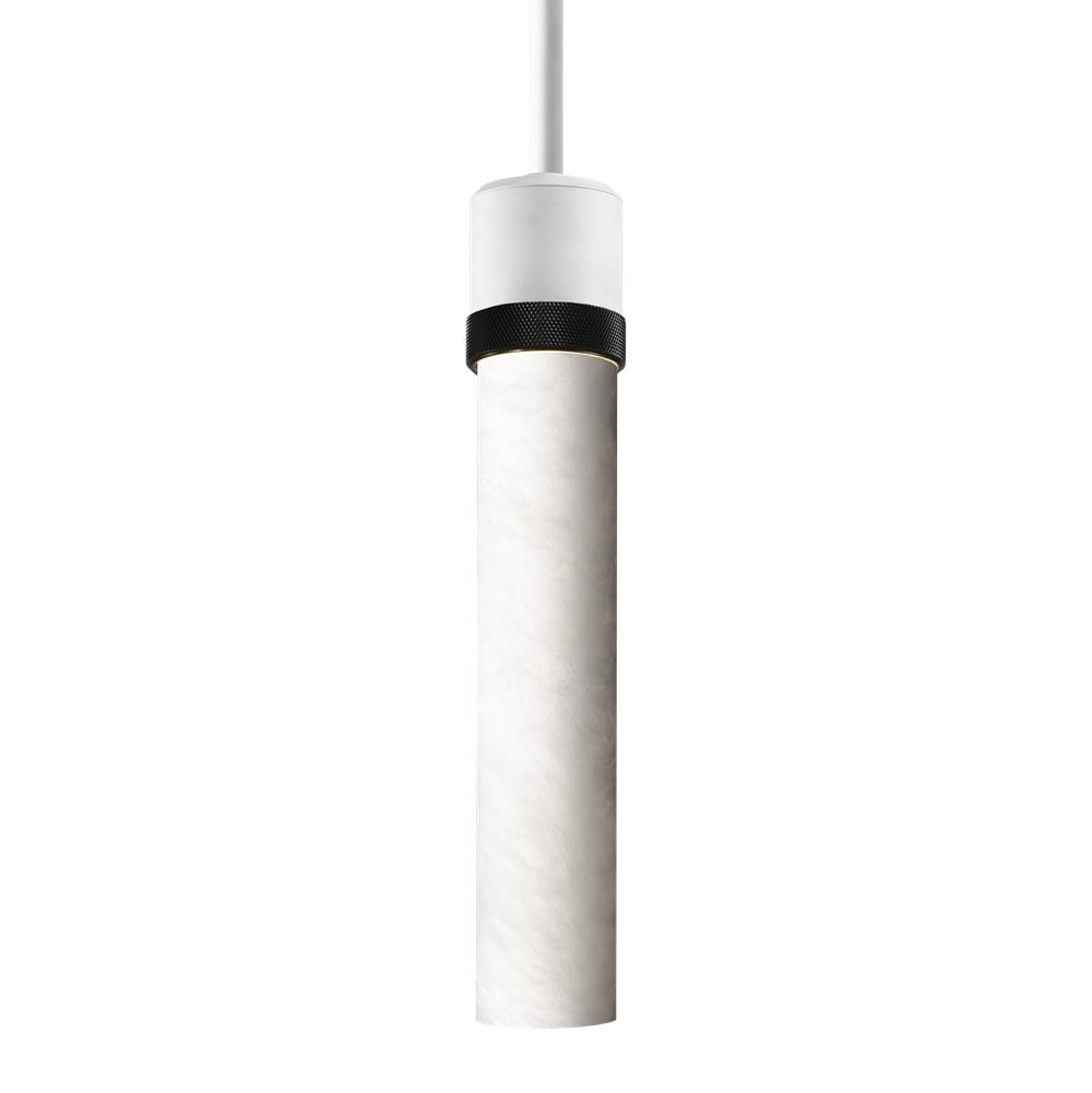Zeev Lighting 3'' E26 Cylindrical Pendant Light, 12'' Spanish Alabaster And Matte White With Black Finish