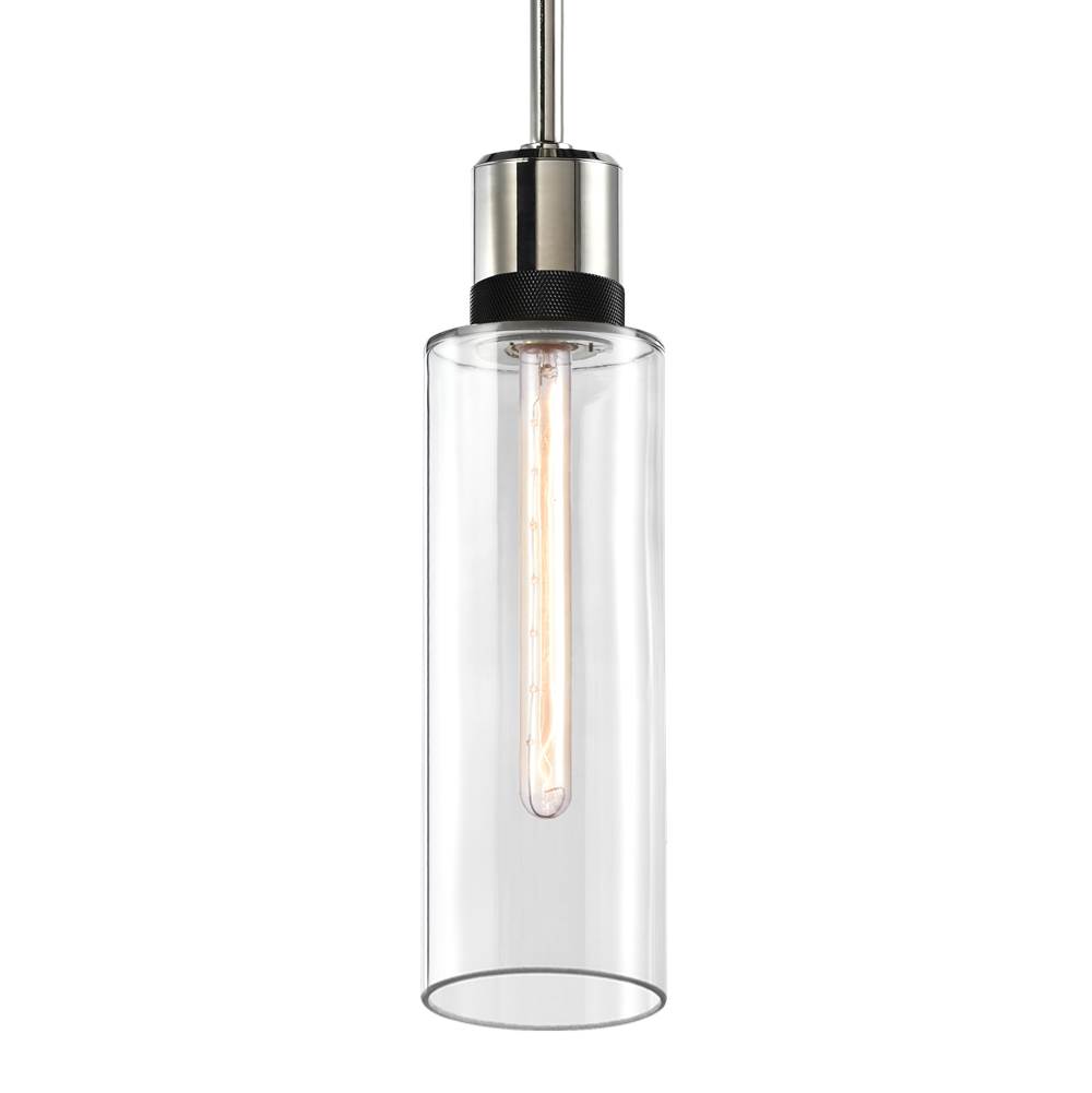 Zeev Lighting 6'' E26 Cylindrical Drum Pendant Light, 18'' Clear Glass And Polished Nickel With Black Metal Finish