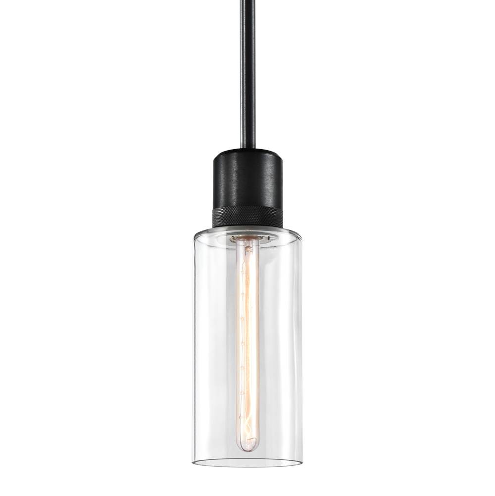 Zeev Lighting 6'' E26 Cylindrical Drum Pendant Light, 12'' Clear Glass And Satin Brushed Black Metal Finish