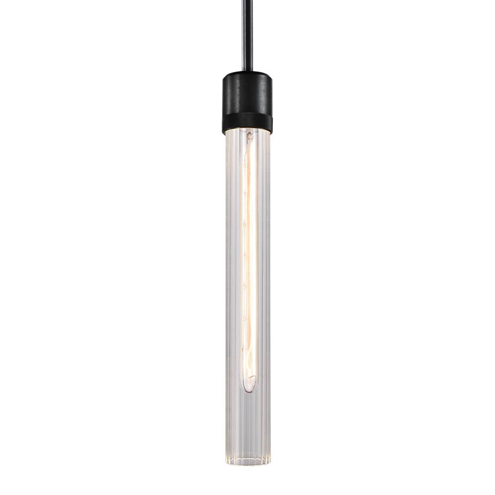 Zeev Lighting 3'' E26 Cylindrical Pendant Light, 18'' Fluted Glass And Satin Brushed Black Finish