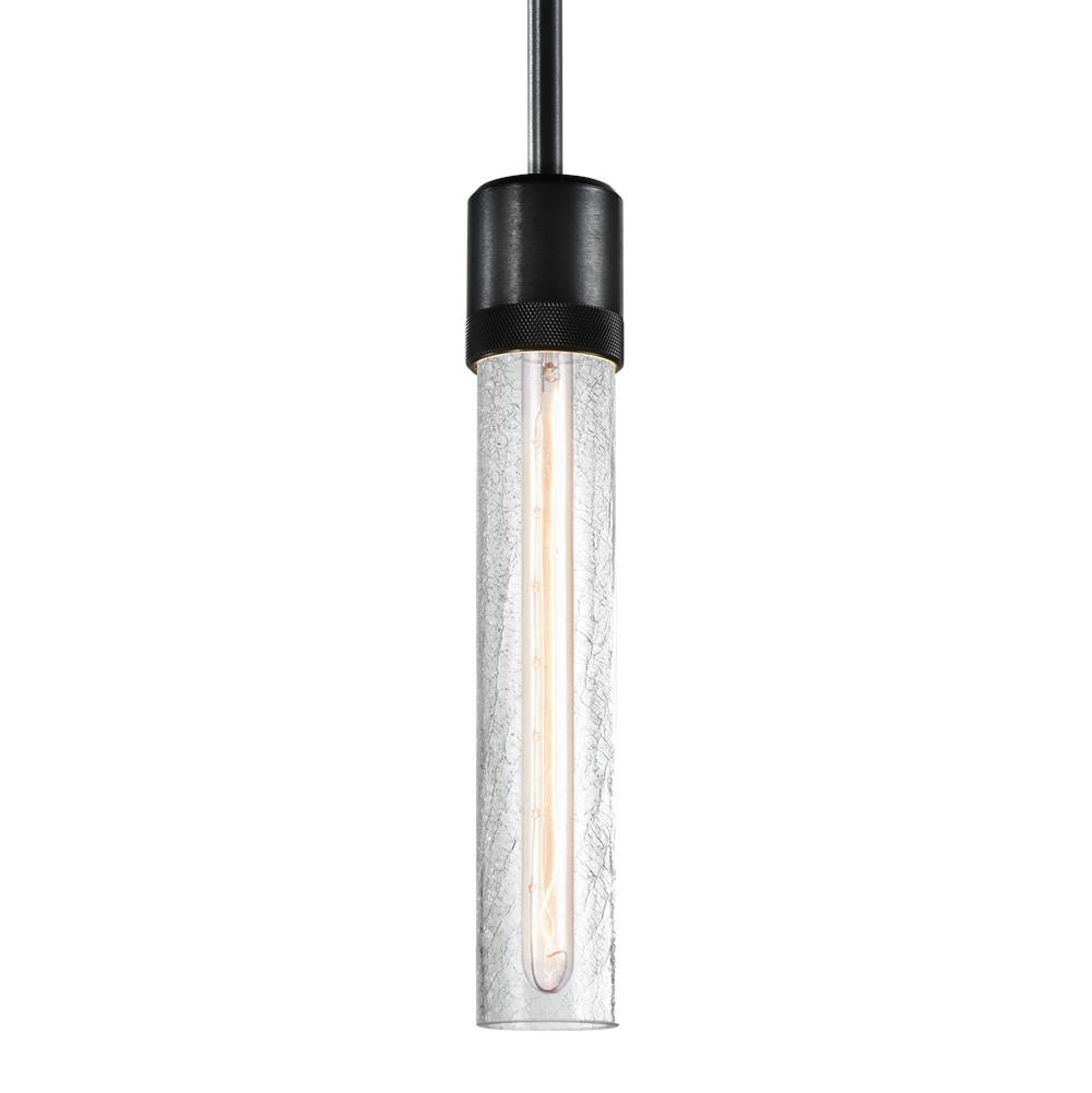 Zeev Lighting 3'' E26 Cylindrical Pendant Light, 12'' Crackled Glass And Satin Brushed Black Finish