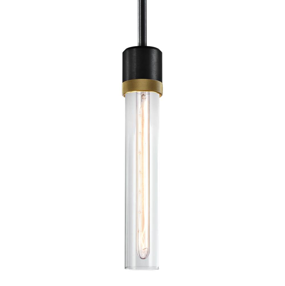 Zeev Lighting 3'' E26 Cylindrical Pendant Light, 12'' Clear Glass And Satin Brushed Black With Brass Finish