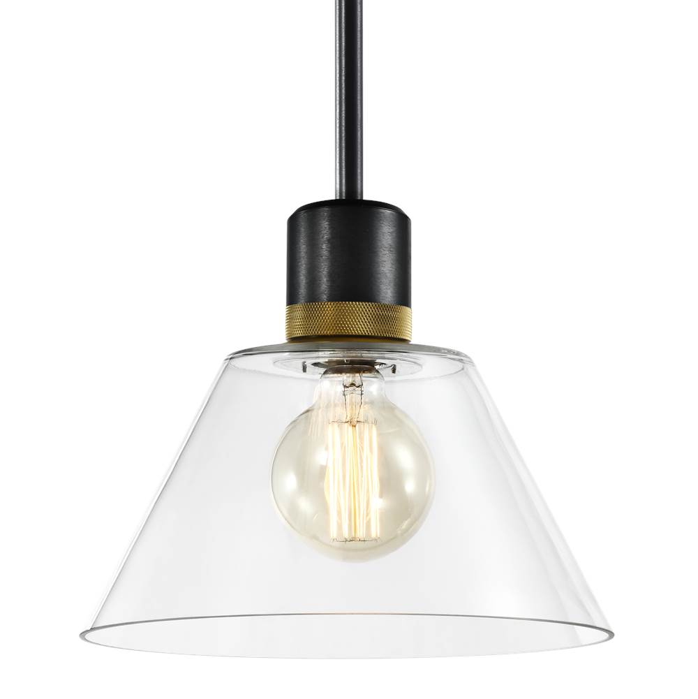 Zeev Lighting 12'' E26 Clear Cone Glass Pendant Light And Satin Brushed Black With Brass Metal Finish