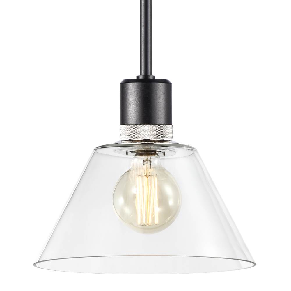 Zeev Lighting 12'' E26 Clear Cone Glass Pendant Light And Satin Brushed Black With Nickel Metal Finish