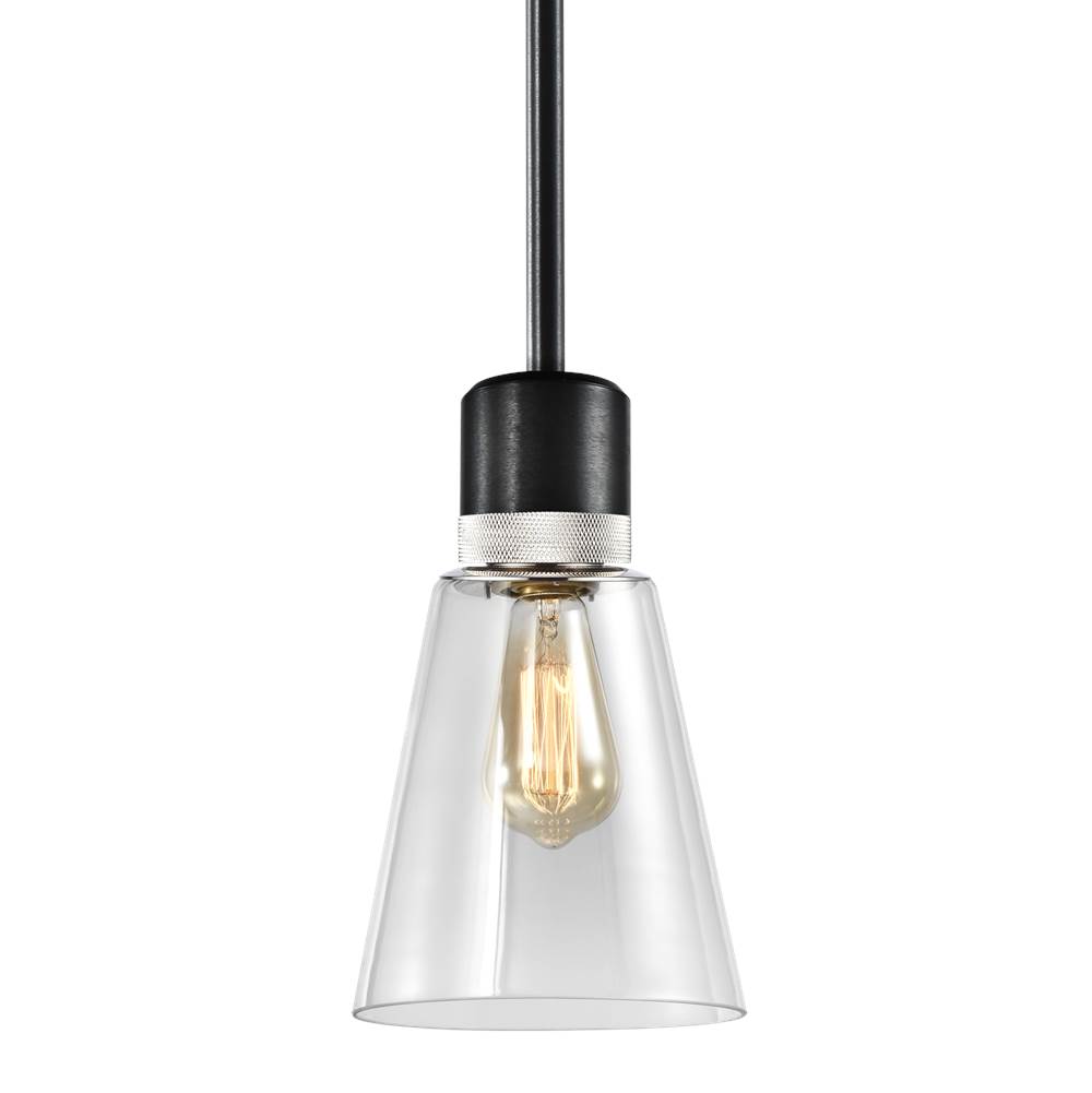 Zeev Lighting 7'' E26 Clear Bell Glass Pendant Light, Satin Brushed Black With Nickel Metal Finish